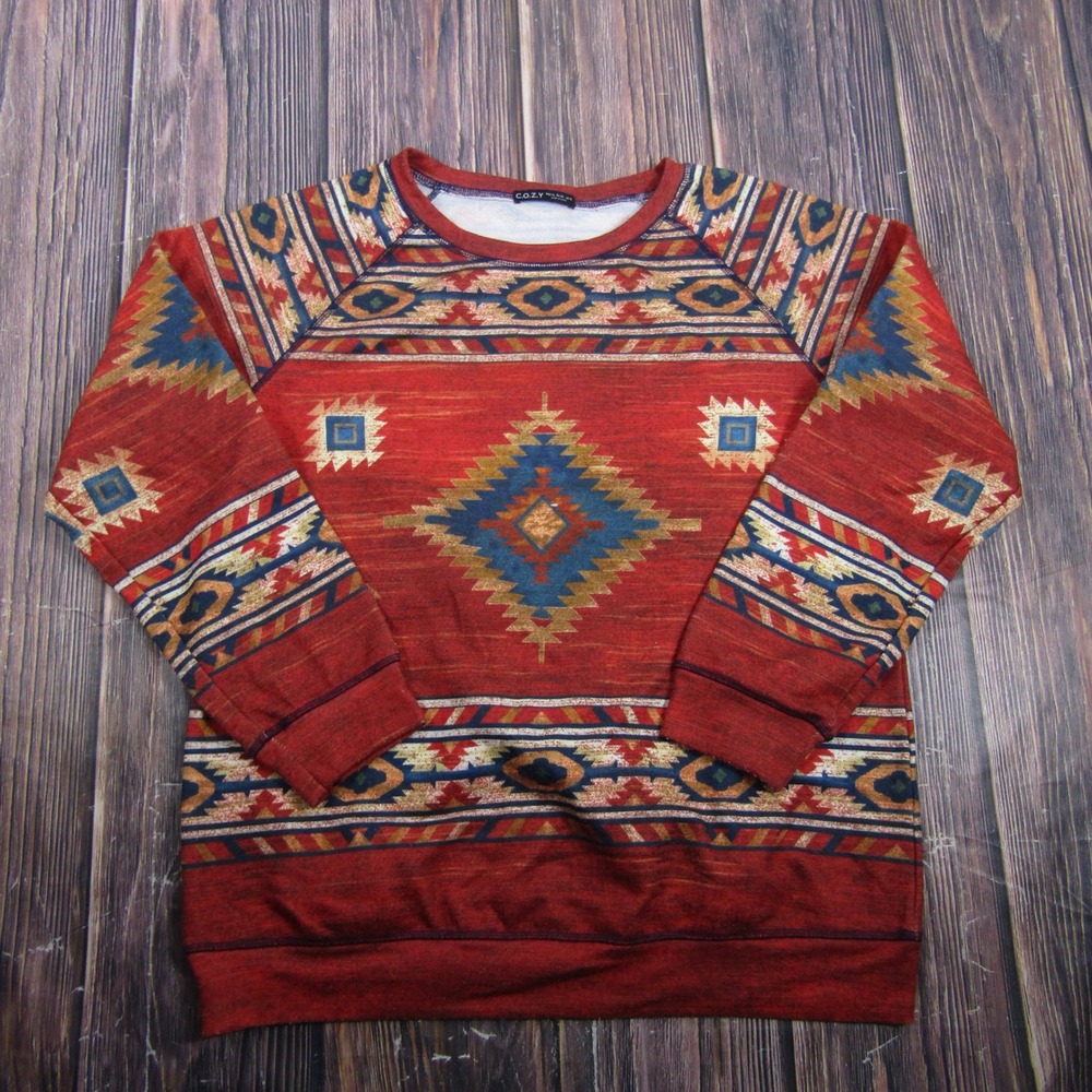 C.O.Z.Y Sweatshirt Women XL Red Southwestern Tribal Print Raglan Pullover Top
